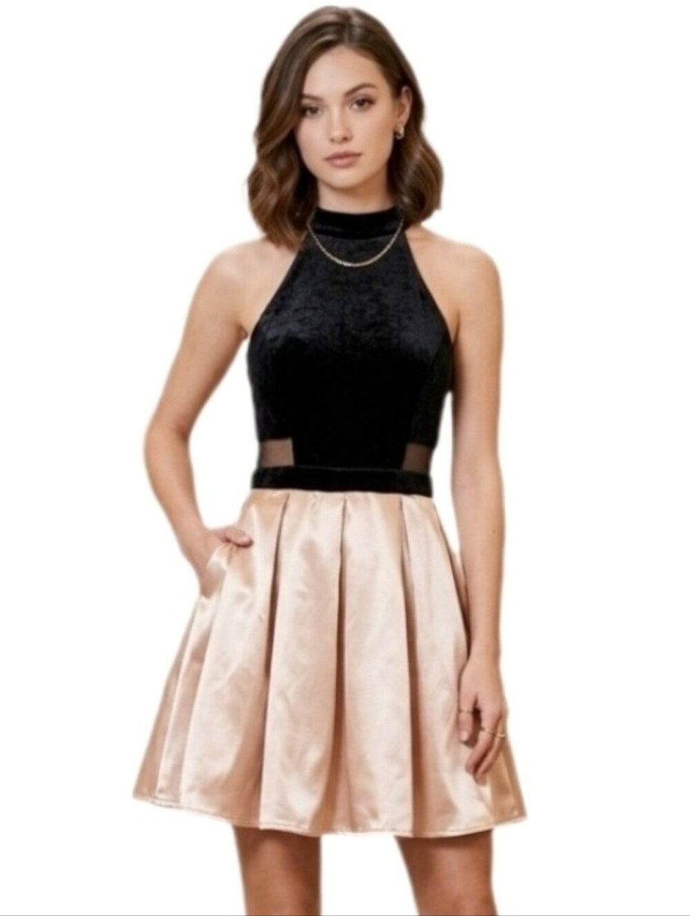 Windsor Dress Y2K Pleated Cut Out Velvet Satin Champagne Size…